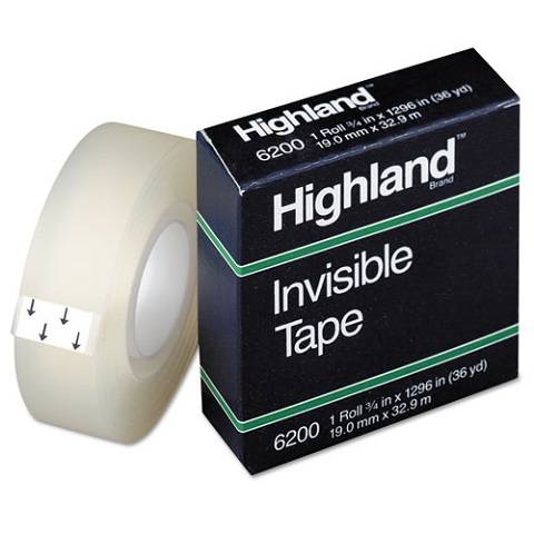 Highland Invisible Tape 3/4" x 1000", 1" Core Size, Clear, 1 Roll