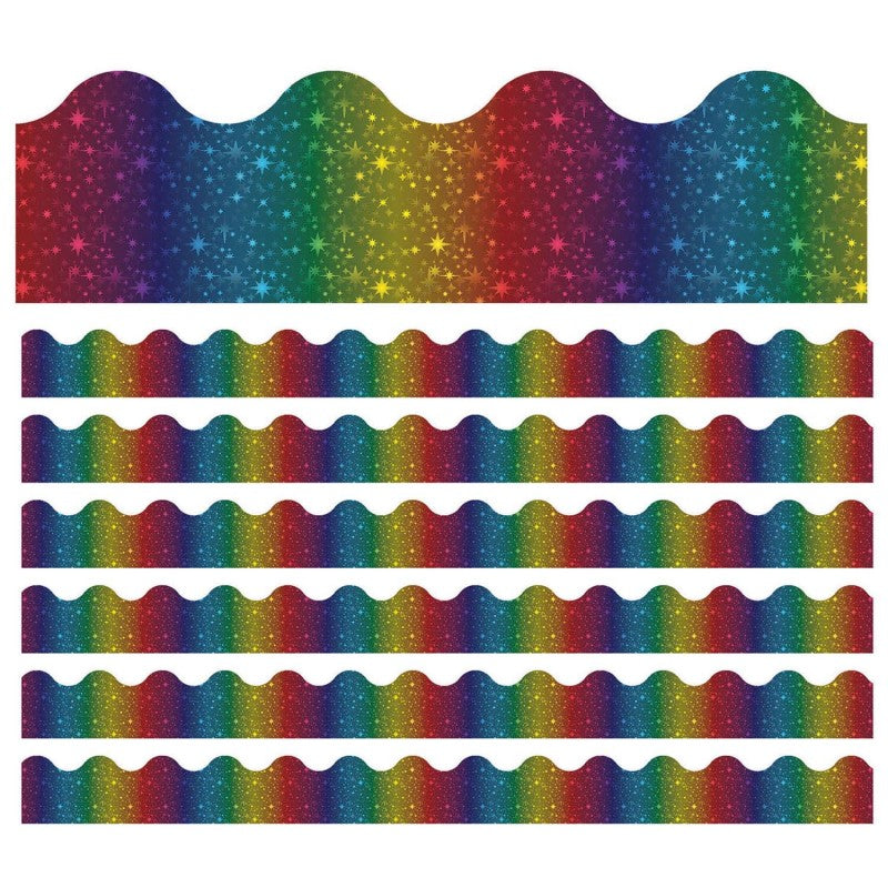 Sparkle + Shine Rainbow Foil Scalloped Border, 39 Feet Per Pack, 6 Packs