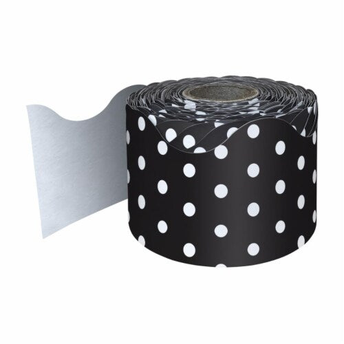 Rolled Scalloped Borders 2-1/4" Wide x 65 feet roll - Black with White Polka Dots  (Carson Dellosa 108474)