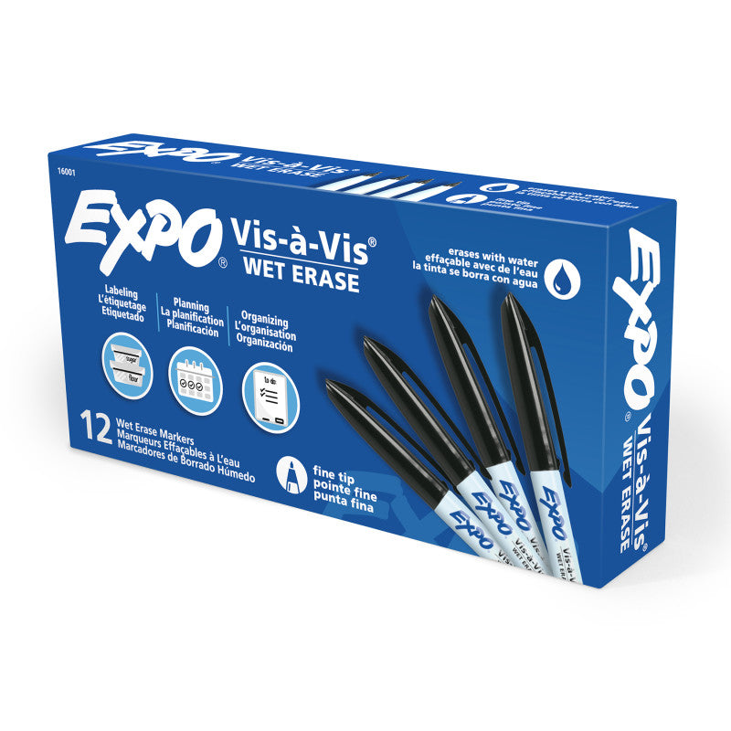 Vis-a-Vis&reg; Wet-Erase Overhead Transparency Markers, Fine Tip, Black, Box of 12