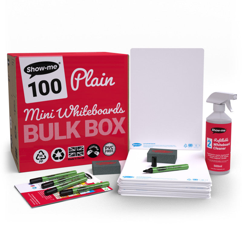 Bulk Box of 100 x A4 Plain/Plain Whiteboards, with Pens, Erasers, Cleaner