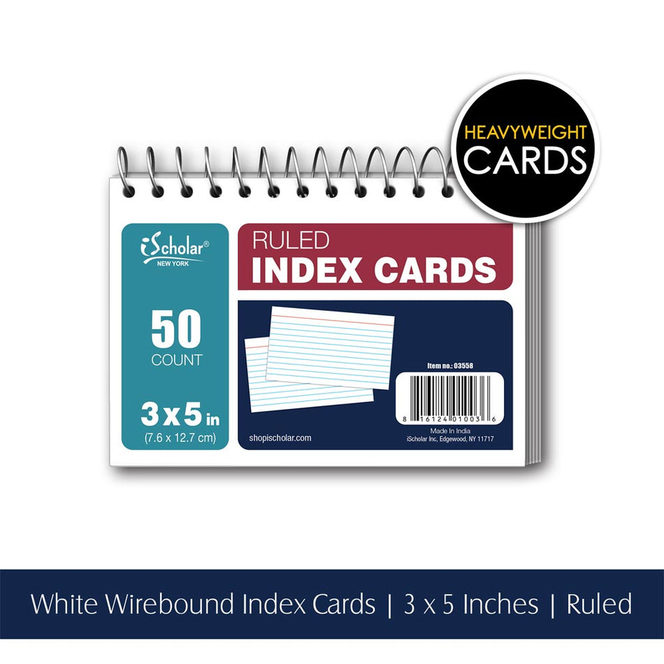 Wirebound White Index Cards 3″ x 5″ Ruled 03558