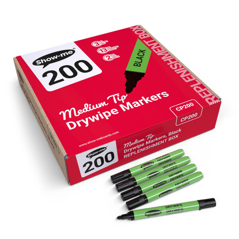 Medium Tip Slim Barrel Dry Erase Markers, Black, Box of 200