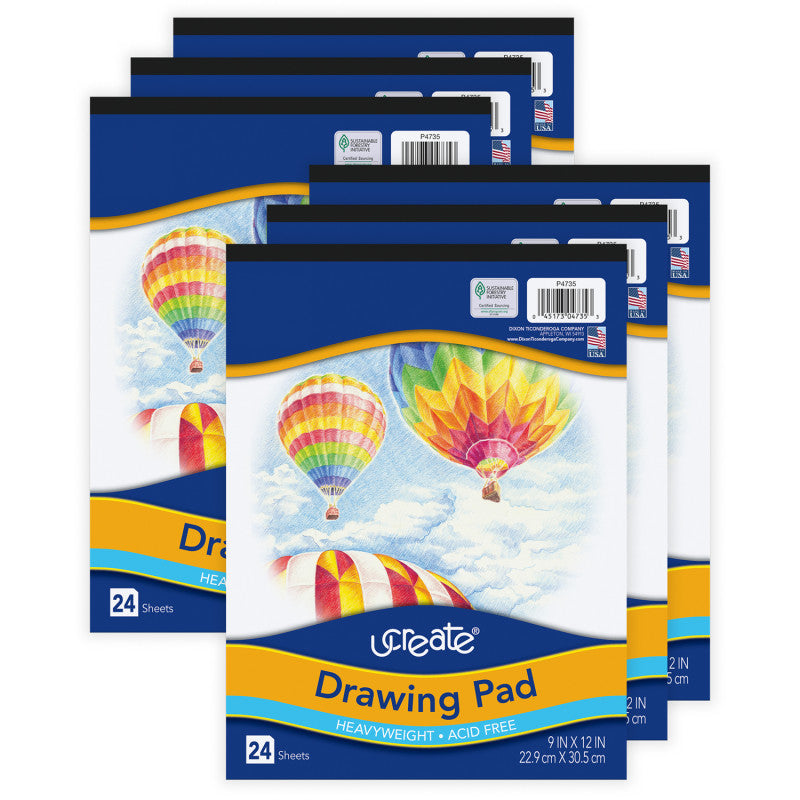 Drawing Paper Pad, Heavyweight, 9" x 12", 24 Sheets Per Pad, Pack of 6