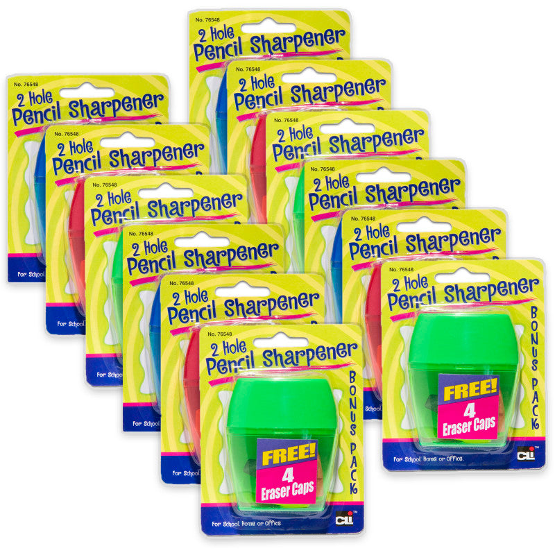 Two-Hole Pencil Sharpener w/Catcher, Bonus Erasers, Assorted Colors, Set of 12