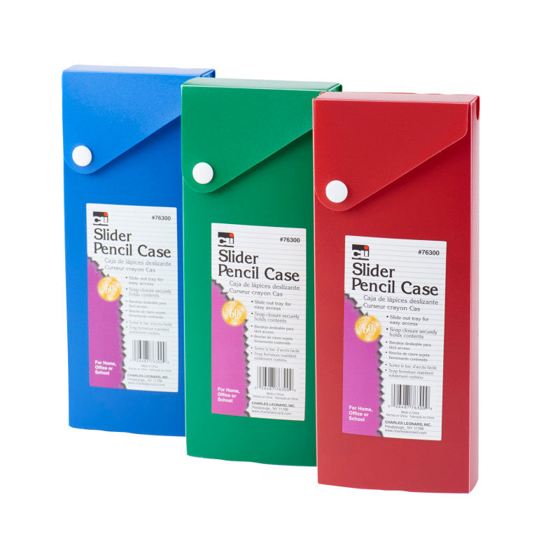 Slider Pencil Case Box, Slide Out Tray, Snap Closure, Assorted Colors, Pack of 24