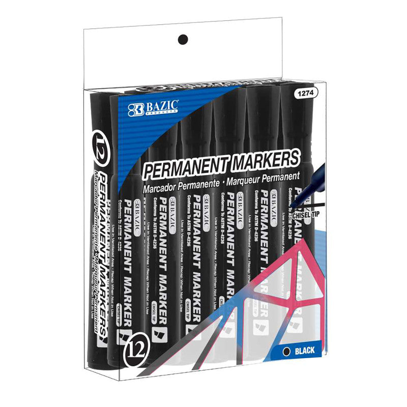 Permanent Markers, Desk Style, Chisel Tip, Black, Box of 12