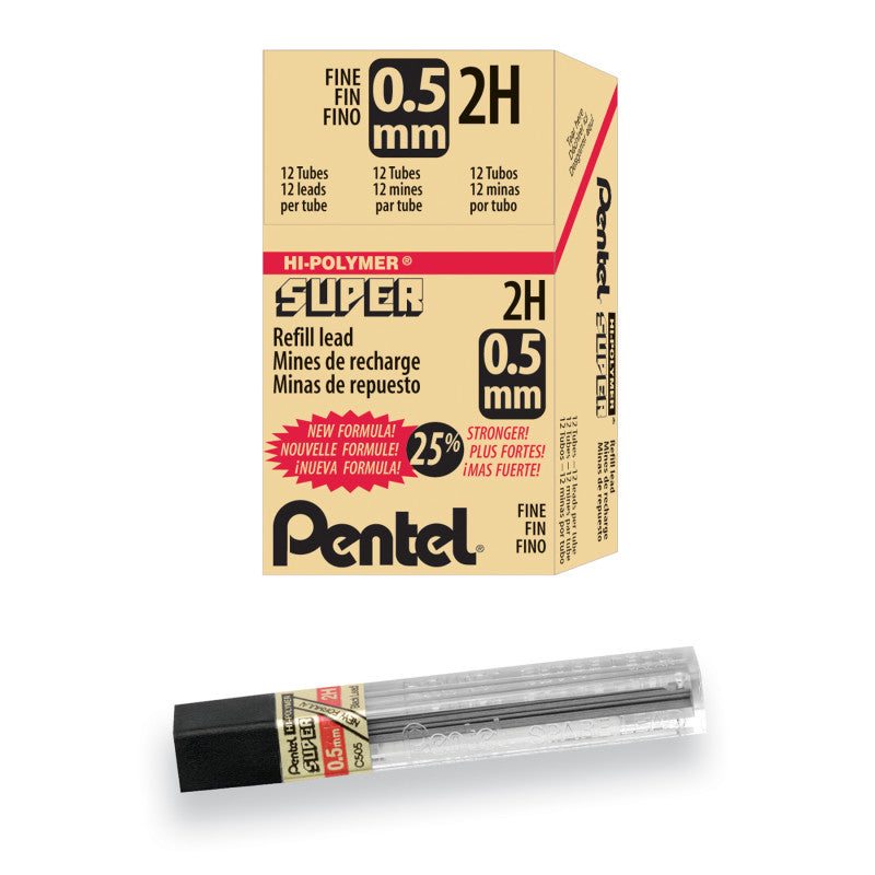 Super Hi-Polymer Lead Refill (0.5mm) Fine, 2H, 12 Pieces/Tube, 12 Tubes/Box