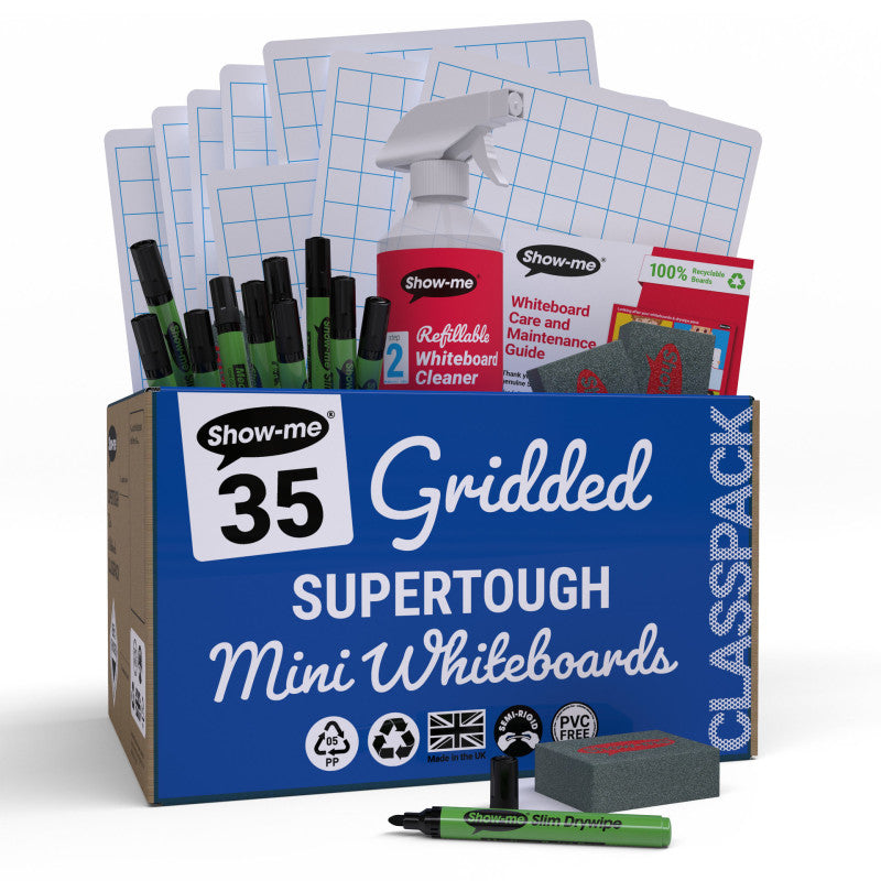 Classpack of 35 x Gridded/Plain SUPERTOUGH Lapboards, with Pens, Erasers, Cleaner
