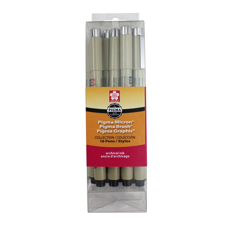Pigma Pens, Cube Collection, Black, Assorted Sizes, 16-Piece Set