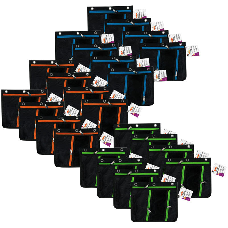 Expanding Pencil Pouch, 3 Pocket, 11"W x 9.5"H x 1"D, Assorted Colors, Pack of 24