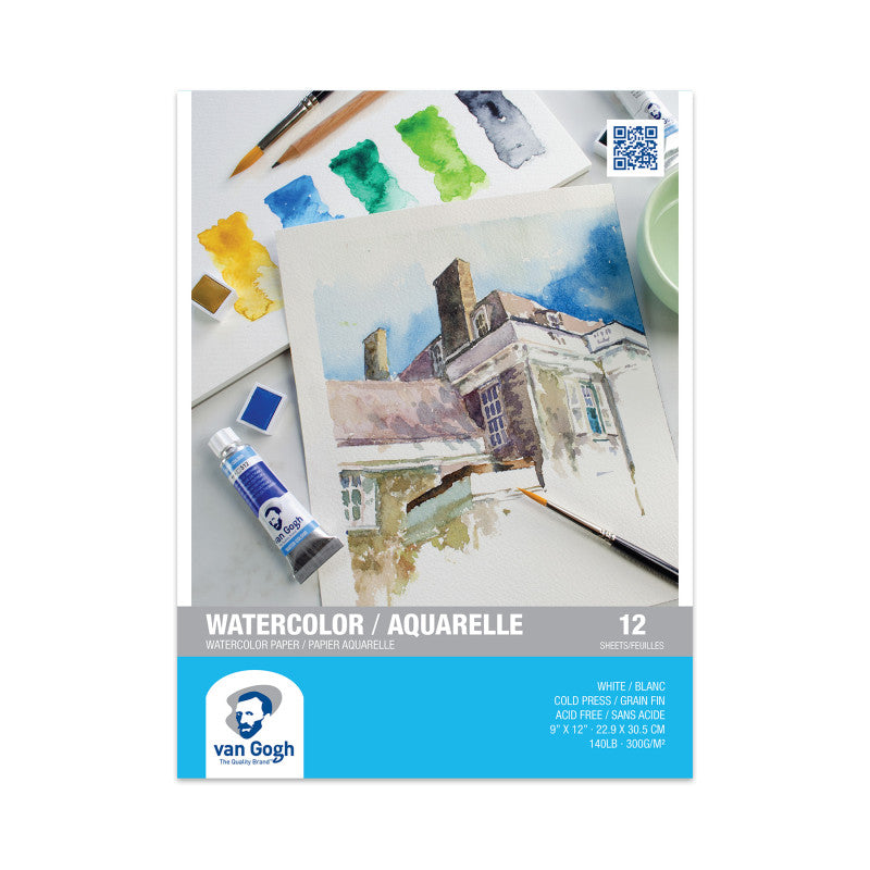 Watercolor Paper Pad, 140lbs, Cold Press, 9" x 12", 12 Sheets