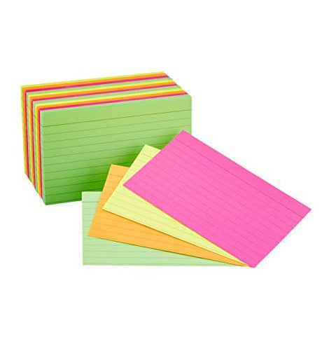 Index Cards Ruled , 3" x 5", Super Bright Assortment , 100/Pack