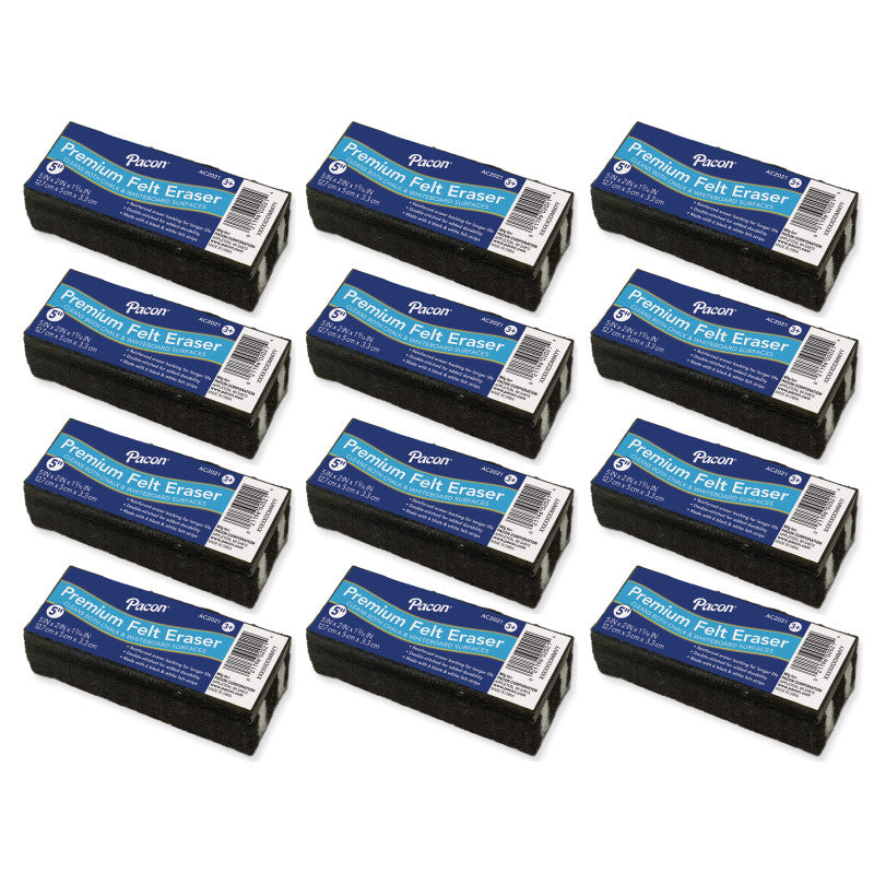 Chalk & Whiteboard Eraser, Premium, 6 Black & White Felt Strips, Double-Stitched, Reinforced Backing, 5", Pack of 12