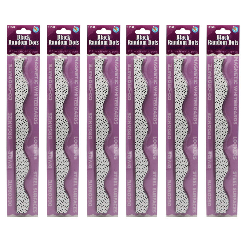 Magnetic Scallop Border, Black Messy Dots on White, 12 Feet Per Pack, 6 Packs
