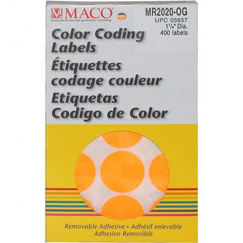 MACO Neon Orange  Round Color Coding Labels, 1-1/4 Inches in Diameter, 400 Per Box MR2020-OG