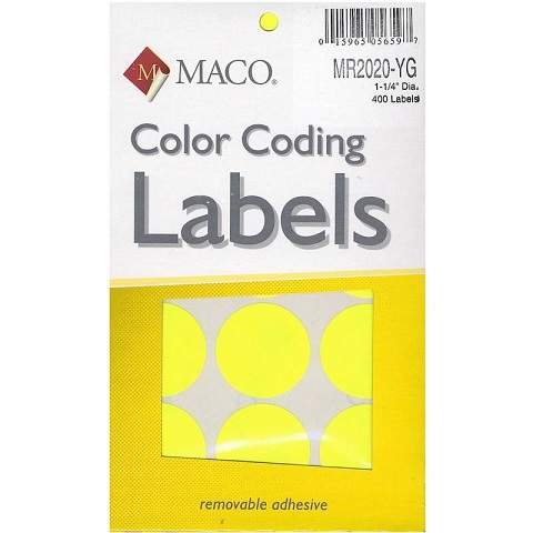MACO Neon  Yellow Round Color Coding Labels, 1-1/4 Inches in Diameter, 400 Per Box MR2020-YG
