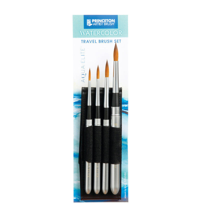 Aqua Elite Brush Travel Set, Synthetic Bristles, Short Handle Watercolor Paintbrush, Matte Black, 4 Pieces