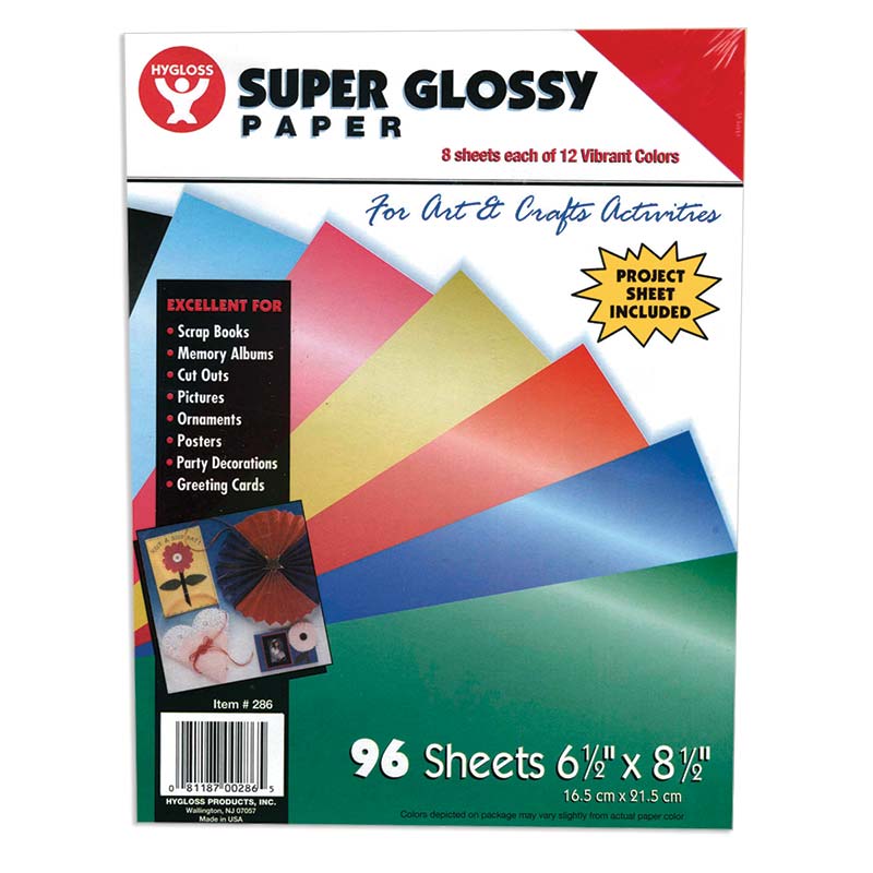 Hygloss  Super Glossy Paper, 6.5" x 8.5", Assorted Colors, 96pk