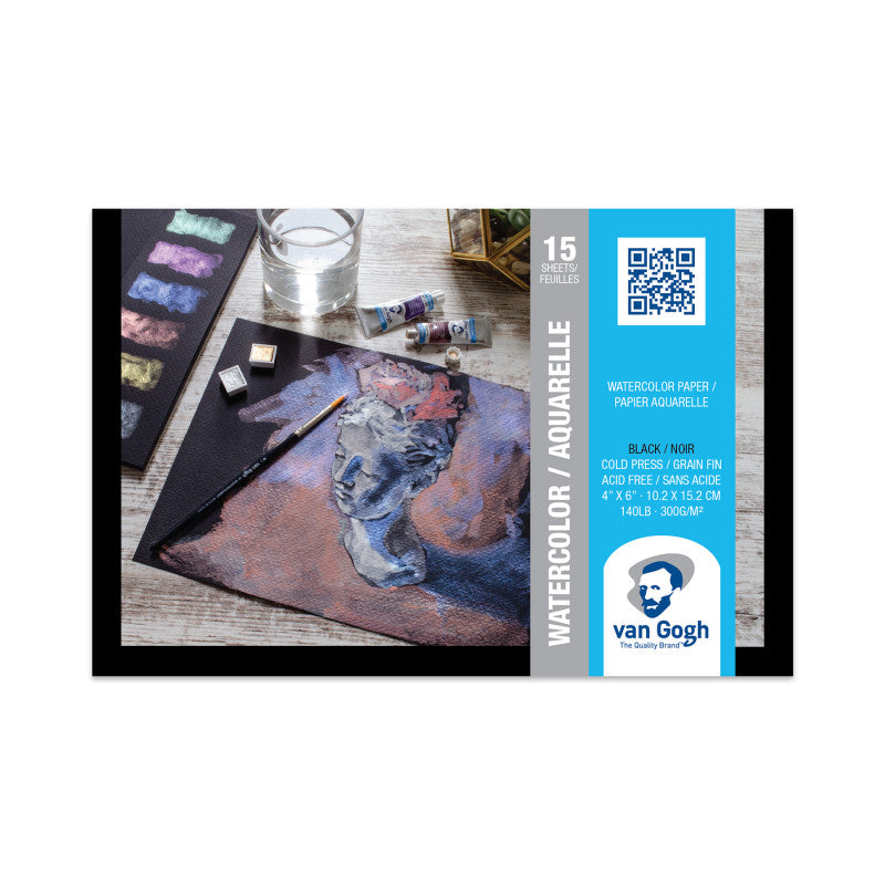 Watercolor Paper Pad, 140lbs, Black, Cold Press, 4" x 6", 15 Sheets