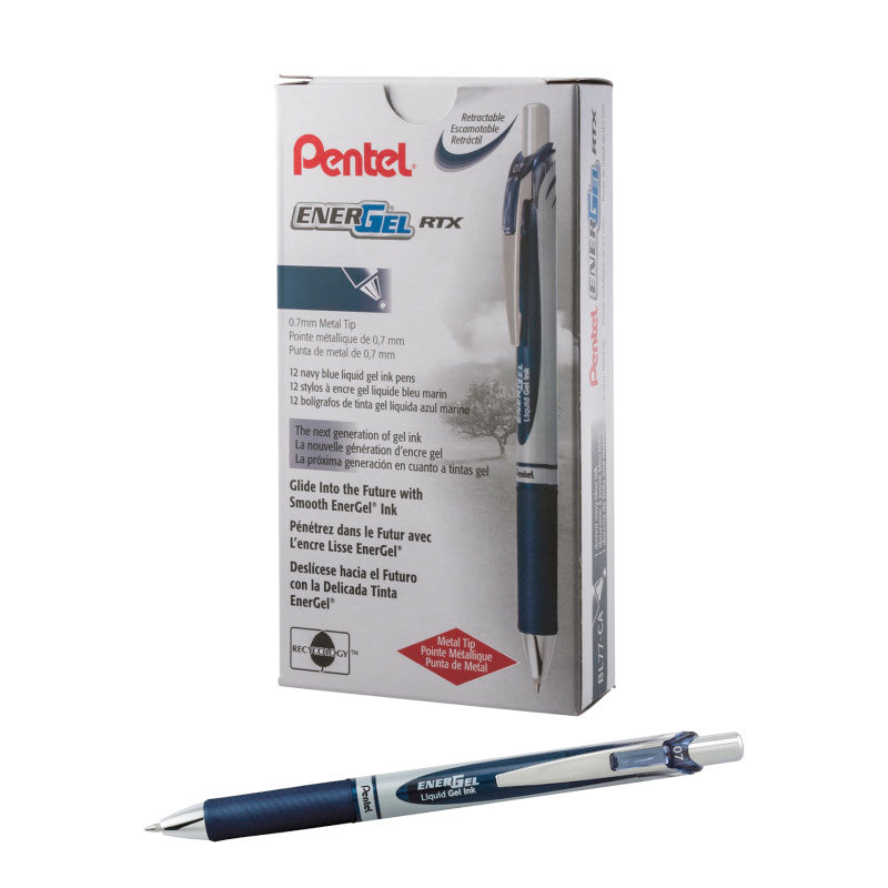 EnerGel RTX Retractable Liquid Gel Pen, (0.7mm) Metal Tip, Medium Line, Navy Blue Ink, 1 Dozen