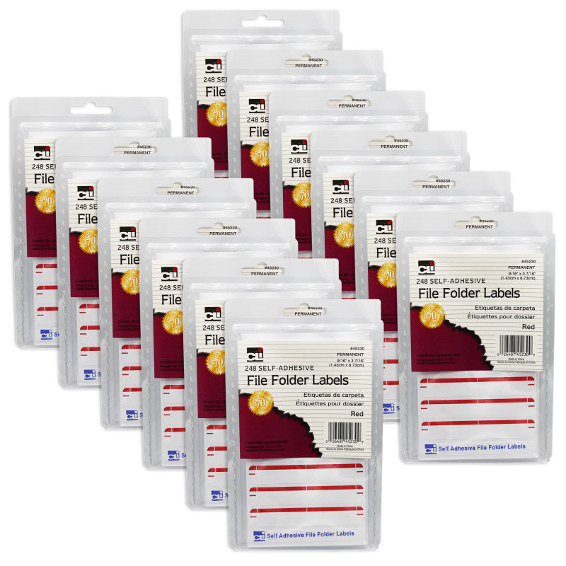 File Folder Labels, Red, 248 Per Pack, 12 Packs