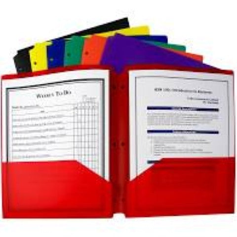 2 Pocket Plastic Portfolio, 3 Hole Punch, Assorted Colors