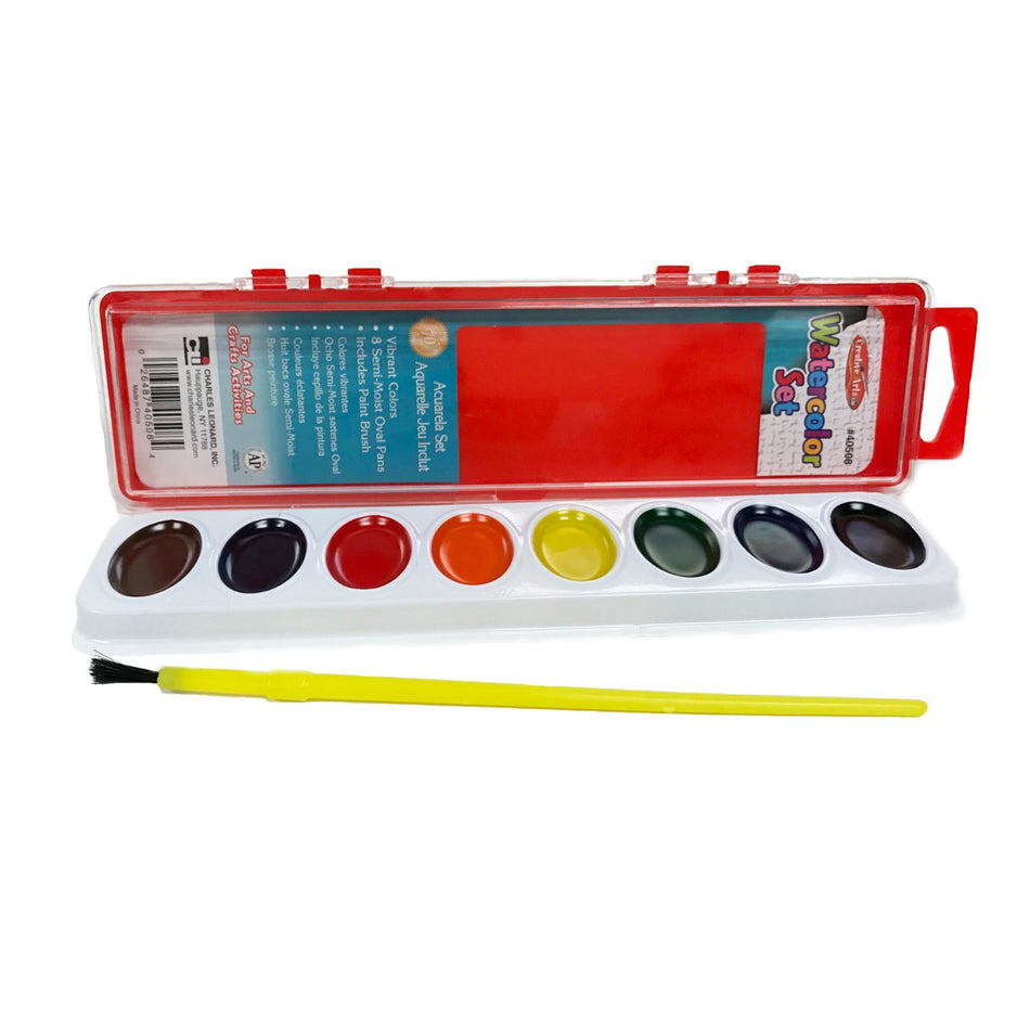 Charles Leonard Washable  Watercolor Paint Set, Semi-Moist Oval Pan with Brush, 8 Colors
