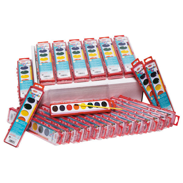 Charles Leonard Washable Watercolor Paint Set, Semi-Moist Oval Pan with Brush, 8 Colors - SET OF 36