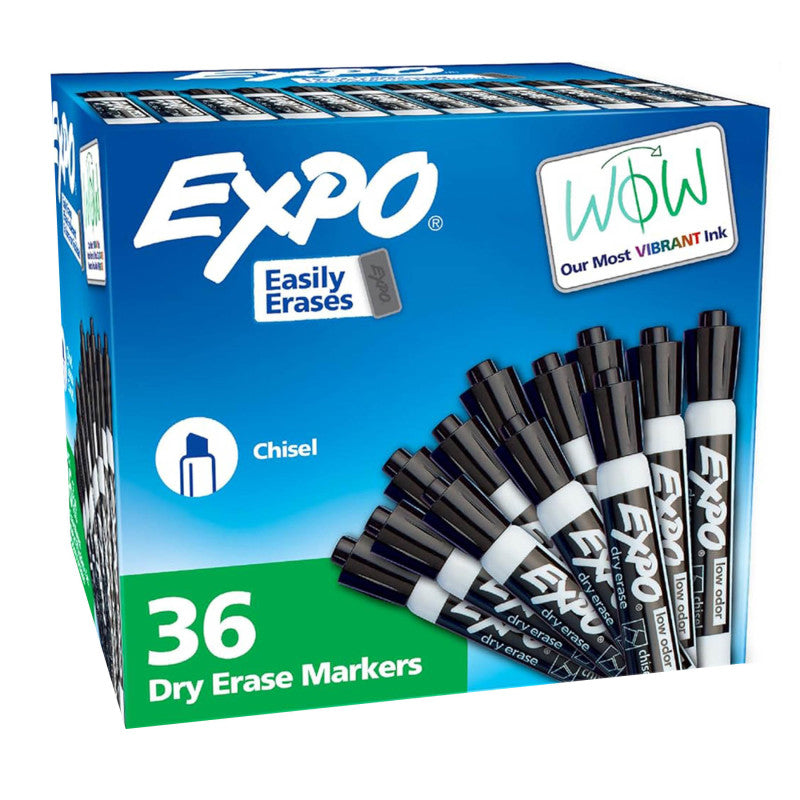 Low Odor Dry Erase Markers, Chisel Tip, Black, 36 Count