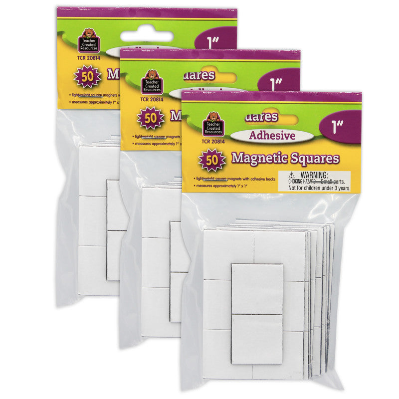 Adhesive Magnetic Squares, 1", 50 Per Pack, 3 Packs