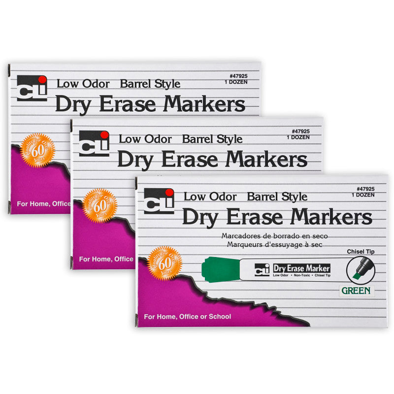 Dry Erase Markers, Barrel Style, Chisel Tip, Green, 12 Per Box, 3 Boxes
