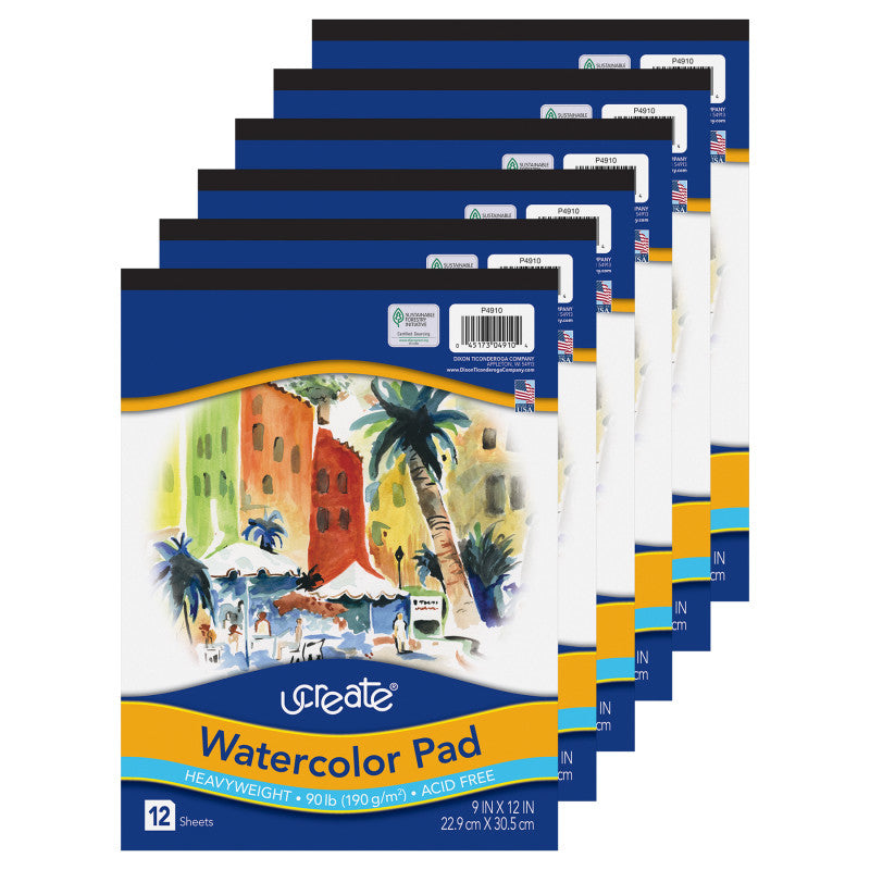 Watercolor Pad, 90 lb., 9" x 12", 12 Sheets, Pack of 6