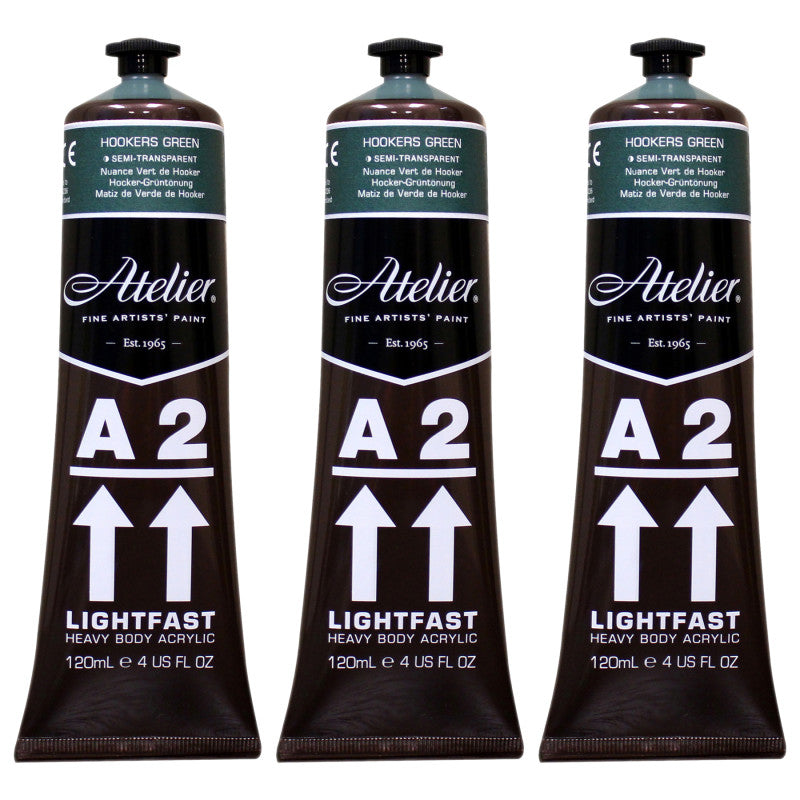 A2 Heavy Body Lightfast Artist Acrylic, 4 oz., Hookers Green Hue (Forest Green Hue), Pack of 3