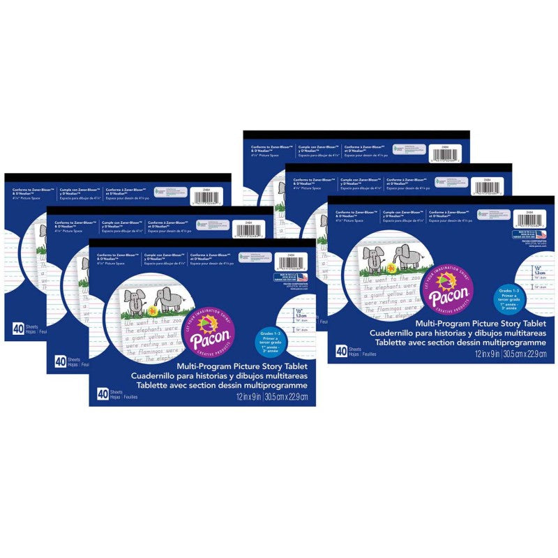 Multi-Program Handwriting Tablet, D'Nealian/Zaner-Bloser, 1/2" x 1/4" x 1/4" Ruled & 4-1/4" Picture Story Space, 12" x 9", 40 Sheets, Pack of 6