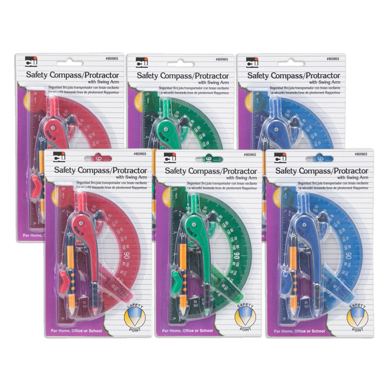 Safety Compass & 6" Swing Arm Protractor, Assorted Colors, 6 Sets