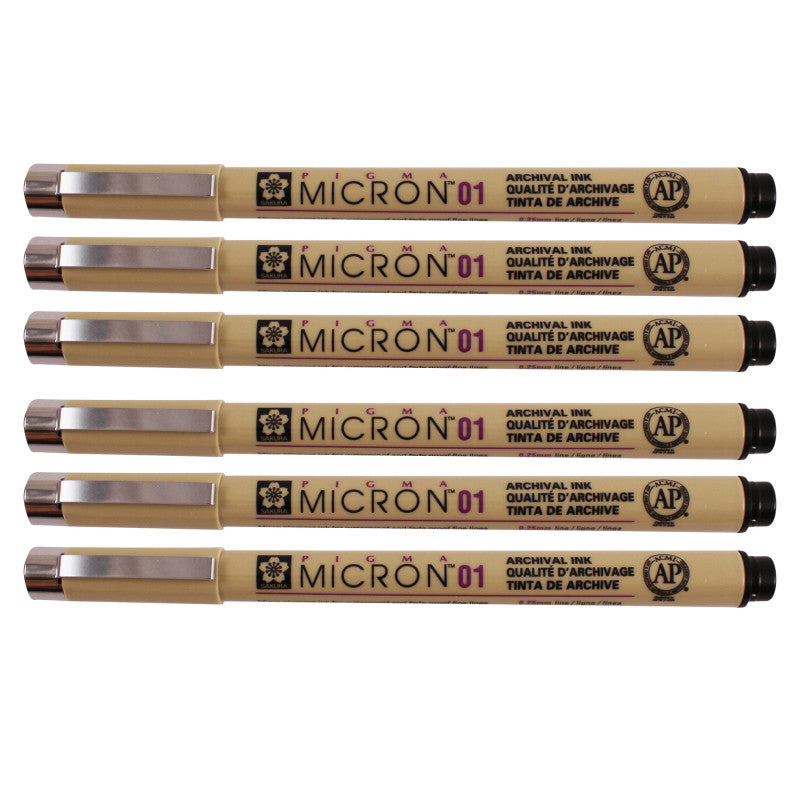 Pigma Micron Pen, Black, 0.25mm Size 01, Pack of 6