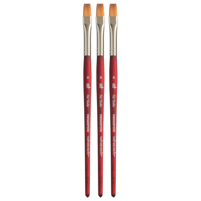 Velvetouch Flat Shader Brush, Synthetic Bristles, Short Handle Mixed Media Paintbrush, Scarlet, Size 8, Pack of 3