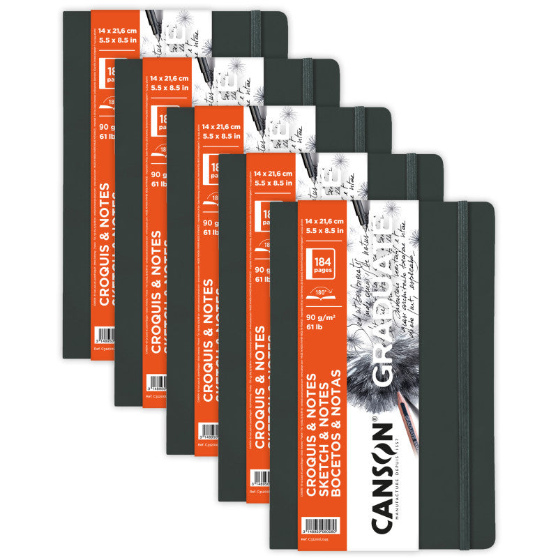 Graduate Sketch & Notes Art Book, Dark Gray, Soft Cover Binding, 92 Sheet, 5.5x8.5 inch, Pack of 5