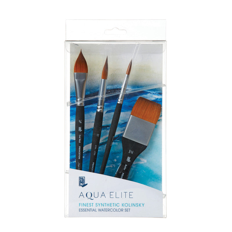 Aqua Elite Brush Box Set, Synthetic Bristles, Short Handle Watercolor Paintbrush, Matte Black, 4 Pieces