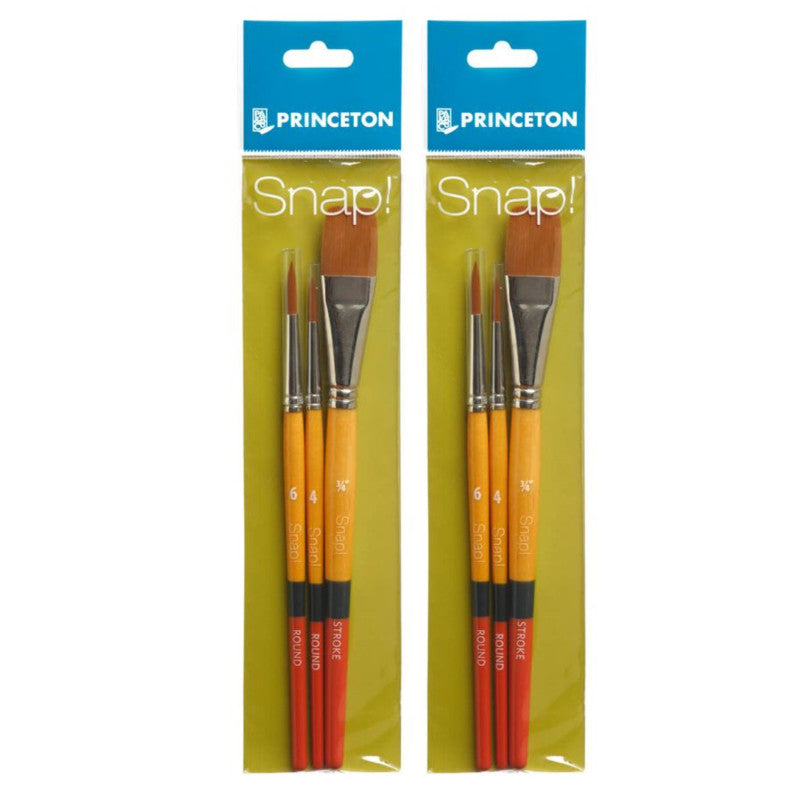 Snap! Brush Set No. 2, Synthetic Bristles, Short Handle Mixed Media Paintbrush, Multicolor, 3 Per Set, 2 Sets
