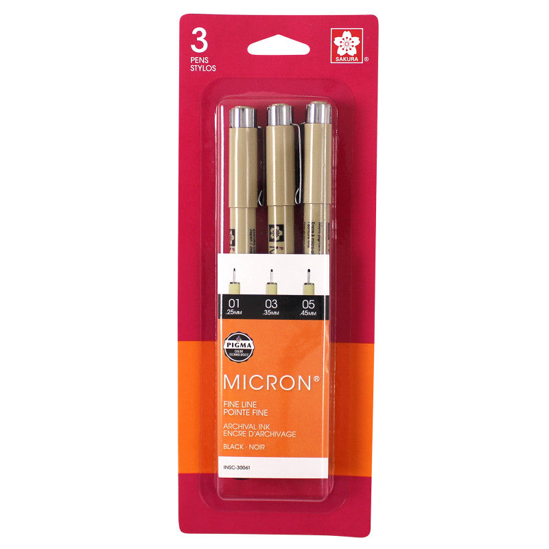 Pigma Micron Pens, Black, Assorted Sizes, 3-Piece Set, Blister Card
