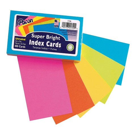 Index Cards, Super Bright Assorted 5 Colors, Unruled 4" x 6", 100 Per Pack