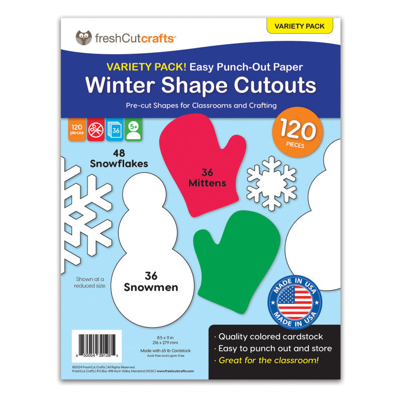 Punch Out Paper Cutouts, Winter Shapes, Snowflakes, Mittens & Snowman, 120 Pieces
