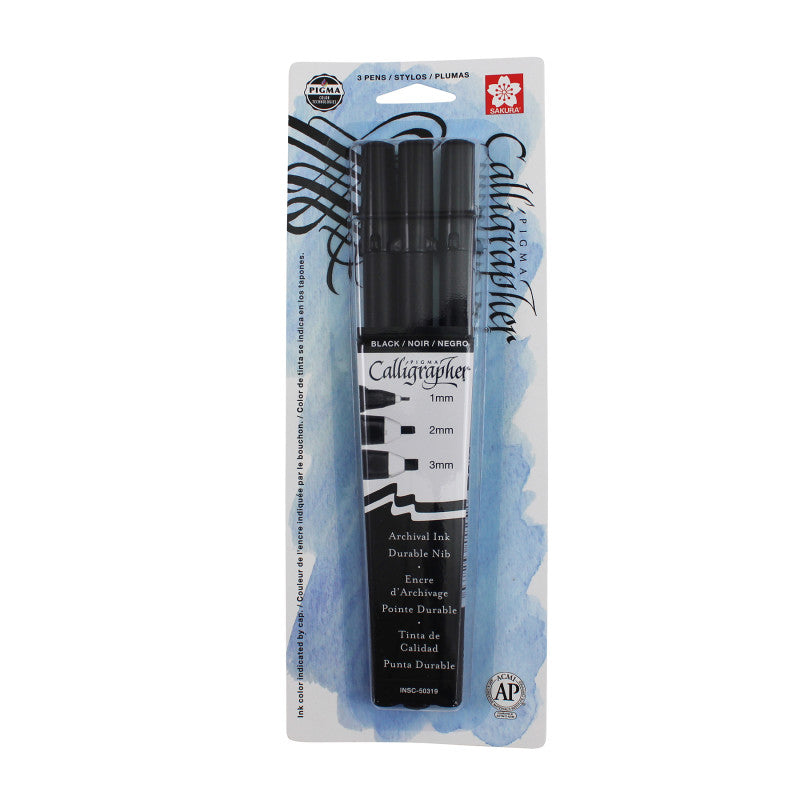 Pigma Calligrapher, Black, Assorted Sizes, 3-Piece Set, Blister Pack