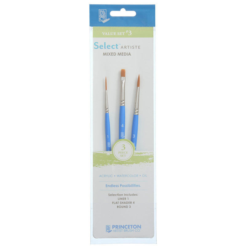Select Artiste Brush Set No. 3, Synthetic Bristles, Short Handle Mixed Media Paintbrush, Jewel Blue, 3 Pieces