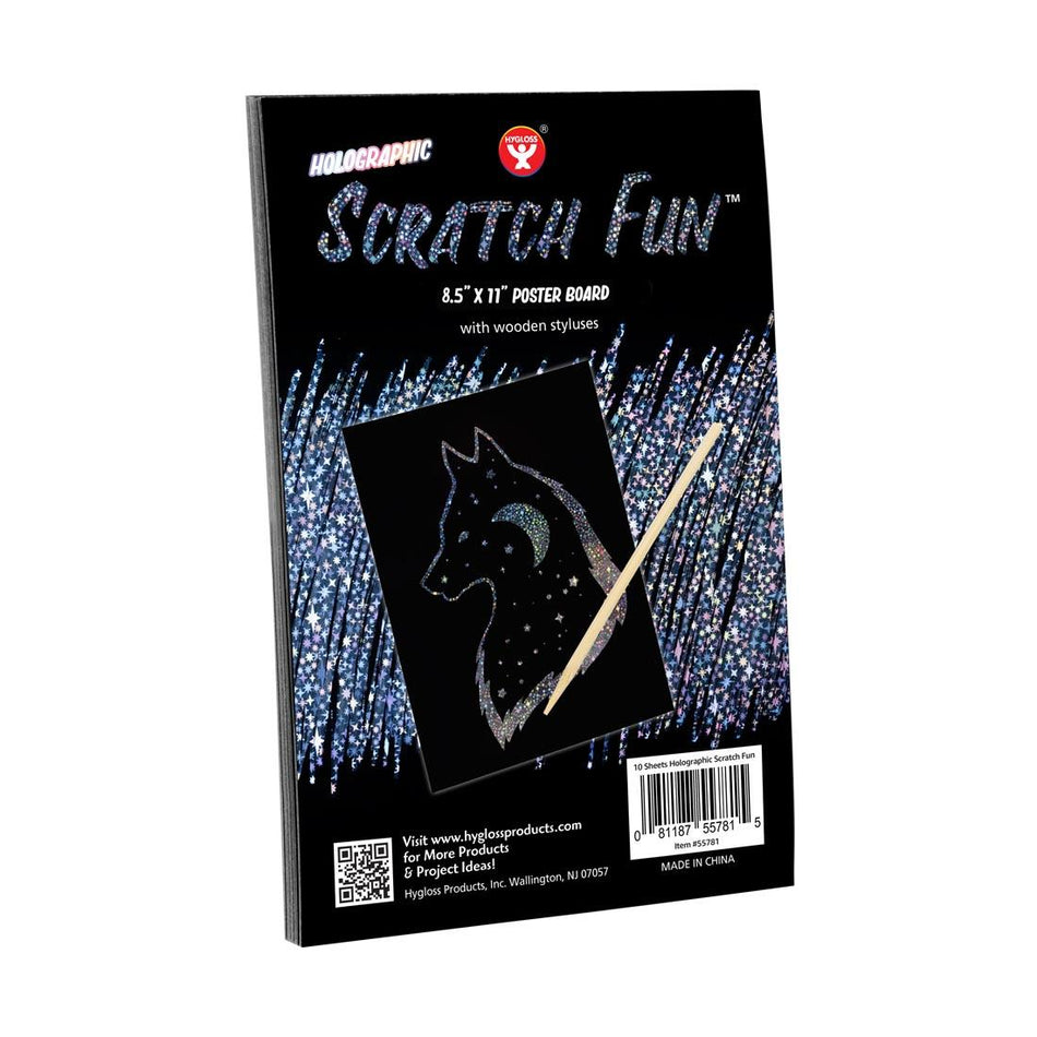 Hygloss Scratch Fun Posterboard  HOLOGRAPHIC Black Matte Scratch Art, 10 Silver Holographic Papers 8.5" x 11" with 2 styluses (55681)
