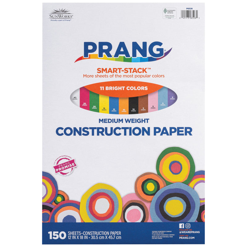 Smart Stack&trade; Construction Paper, Medium Weight, 11 Assorted Colors, 12" x 18", 150 Sheets