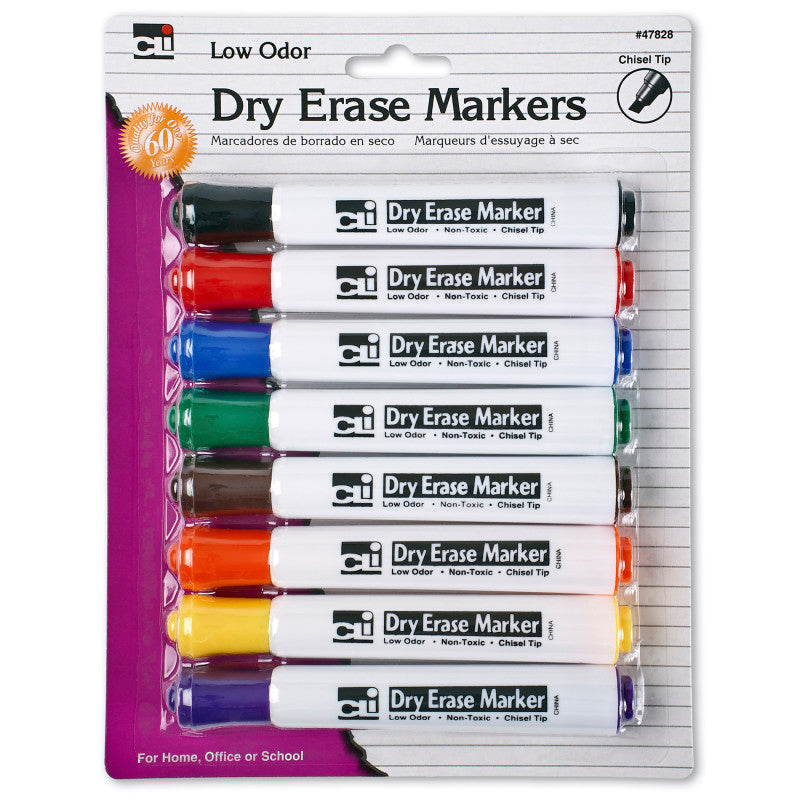 Dry Erase Markers, Barrel Style, Low Odor, Chisel Tip, Assorted Colors, Pack of 8