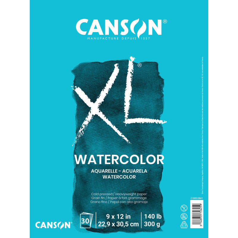 XL Series Watercolor Pad, Heavyweight White Paper, Foldover Binding, 30 Sheets, 9x12 inch